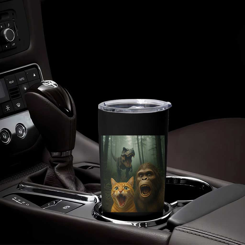 Cat Bigfoot Selfie With Dinosaur Tumbler Cup Funny Surprised Scared Sasquatch Cat