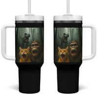 Cat Bigfoot Selfie With Dinosaur Tumbler With Handle Funny Surprised Scared Sasquatch Cat