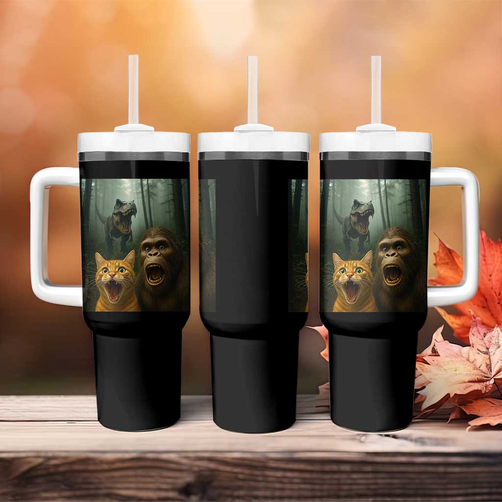 Cat Bigfoot Selfie With Dinosaur Tumbler With Handle Funny Surprised Scared Sasquatch Cat