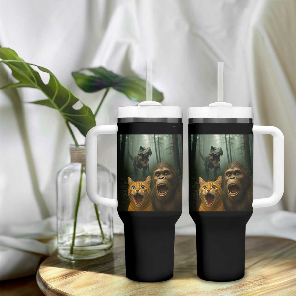 Cat Bigfoot Selfie With Dinosaur Tumbler With Handle Funny Surprised Scared Sasquatch Cat