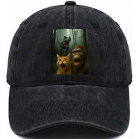 Cat Bigfoot Selfie With Dinosaur Washed Cotton Baseball Cap Funny Surprised Scared Sasquatch Cat