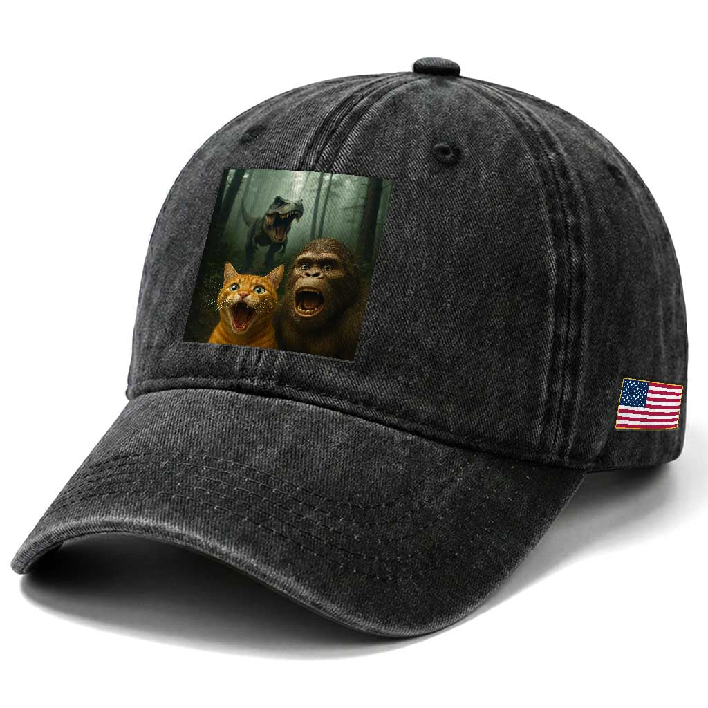 Cat Bigfoot Selfie With Dinosaur Washed Cotton Baseball Cap Funny Surprised Scared Sasquatch Cat