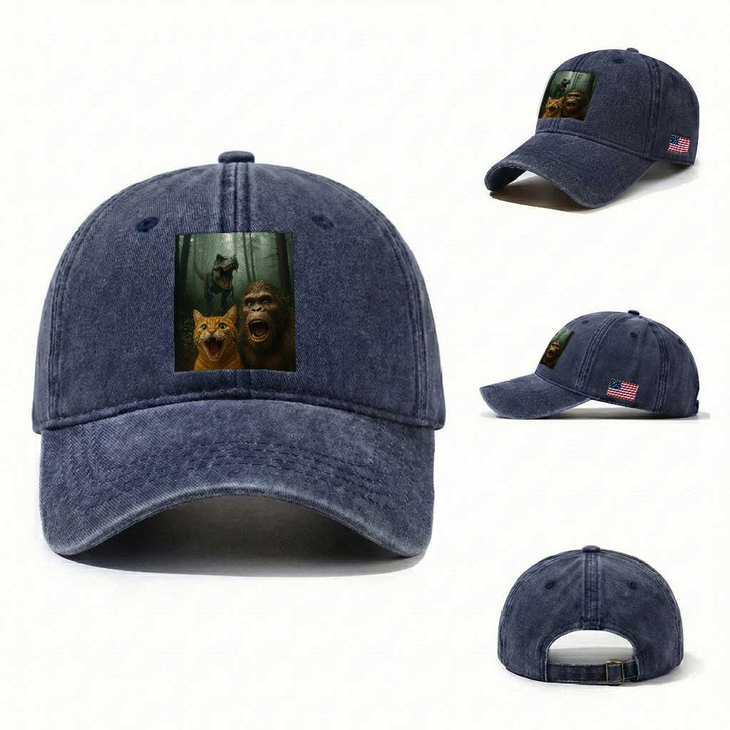 Cat Bigfoot Selfie With Dinosaur Washed Cotton Baseball Cap Funny Surprised Scared Sasquatch Cat
