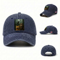 Cat Bigfoot Selfie With Dinosaur Washed Cotton Baseball Cap Funny Surprised Scared Sasquatch Cat