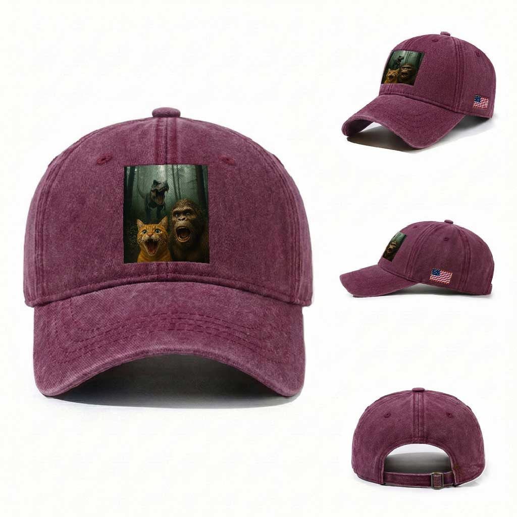 Cat Bigfoot Selfie With Dinosaur Washed Cotton Baseball Cap Funny Surprised Scared Sasquatch Cat