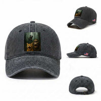 Cat Bigfoot Selfie With Dinosaur Washed Cotton Baseball Cap Funny Surprised Scared Sasquatch Cat