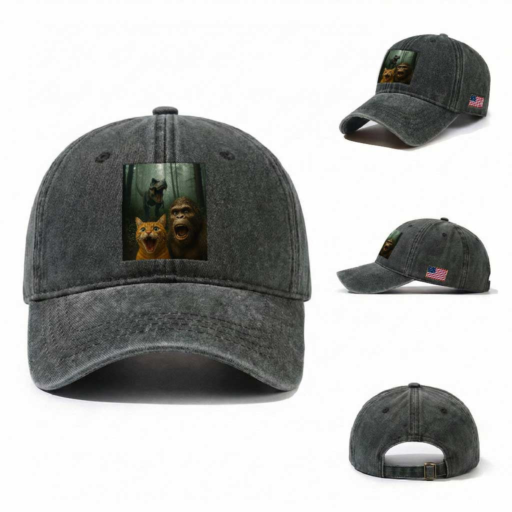Cat Bigfoot Selfie With Dinosaur Washed Cotton Baseball Cap Funny Surprised Scared Sasquatch Cat