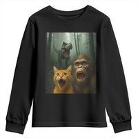 Cat Bigfoot Selfie With Dinosaur Youth Sweatshirt Funny Surprised Scared Sasquatch Cat - Wonder Print Shop
