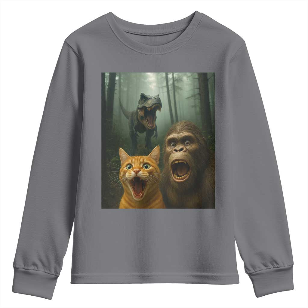 Cat Bigfoot Selfie With Dinosaur Youth Sweatshirt Funny Surprised Scared Sasquatch Cat - Wonder Print Shop
