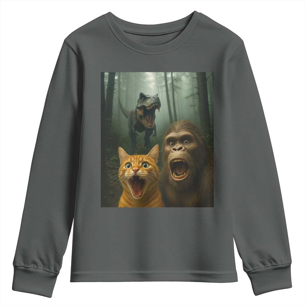 Cat Bigfoot Selfie With Dinosaur Youth Sweatshirt Funny Surprised Scared Sasquatch Cat - Wonder Print Shop