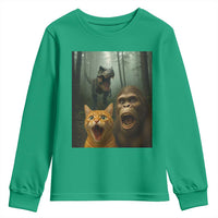 Cat Bigfoot Selfie With Dinosaur Youth Sweatshirt Funny Surprised Scared Sasquatch Cat - Wonder Print Shop