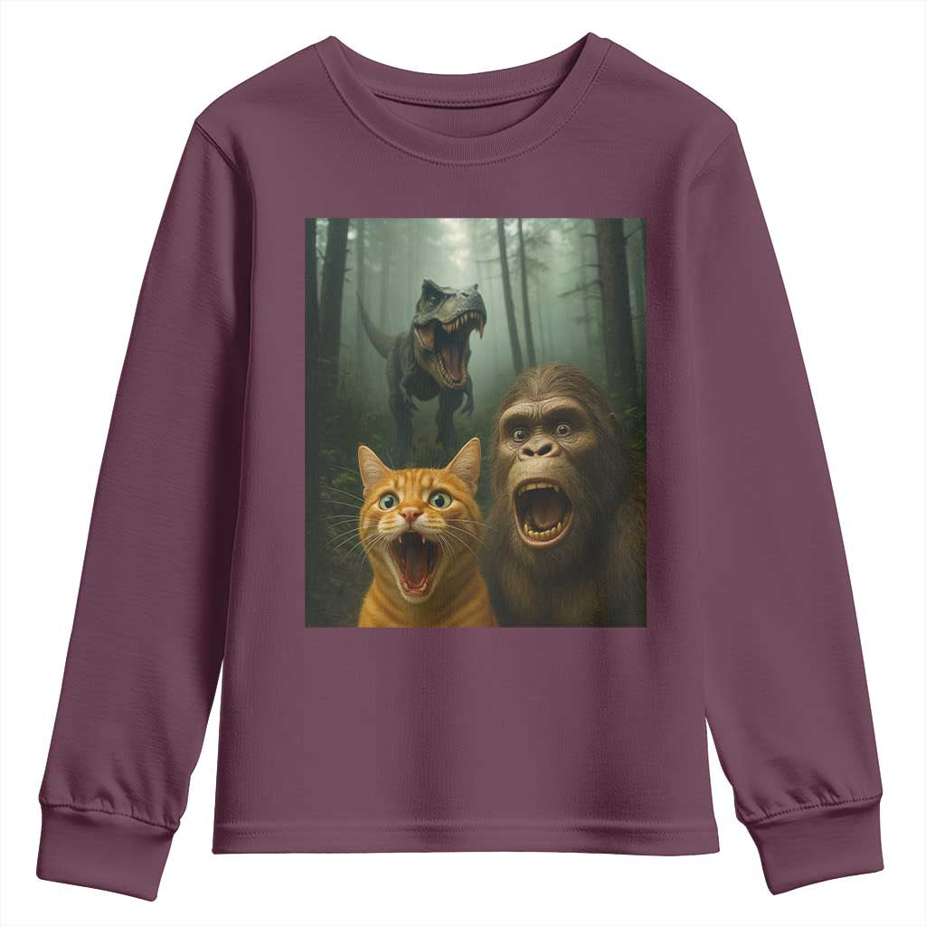 Cat Bigfoot Selfie With Dinosaur Youth Sweatshirt Funny Surprised Scared Sasquatch Cat - Wonder Print Shop