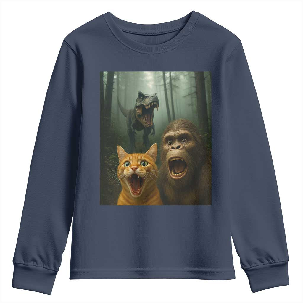 Cat Bigfoot Selfie With Dinosaur Youth Sweatshirt Funny Surprised Scared Sasquatch Cat - Wonder Print Shop