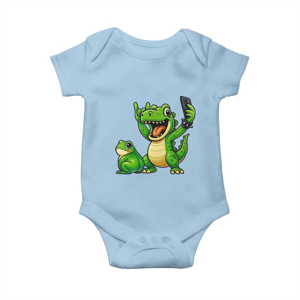 Funny Dinosaur Frog Selfie Baby Onesie Rock On Hand - Wonder Print Shop