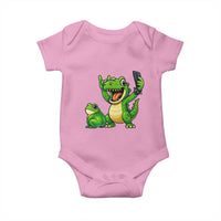 Funny Dinosaur Frog Selfie Baby Onesie Rock On Hand - Wonder Print Shop