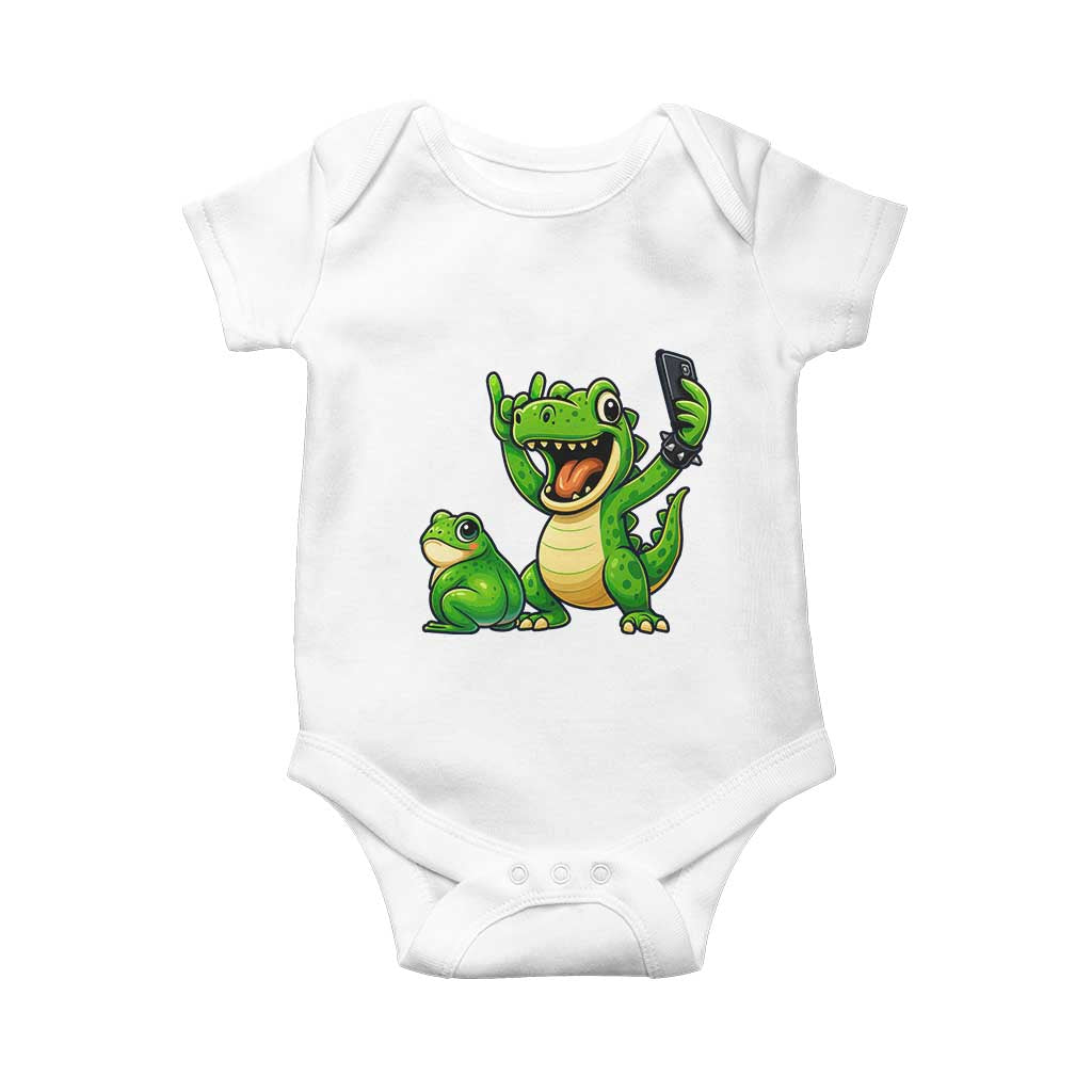 Funny Dinosaur Frog Selfie Baby Onesie Rock On Hand - Wonder Print Shop