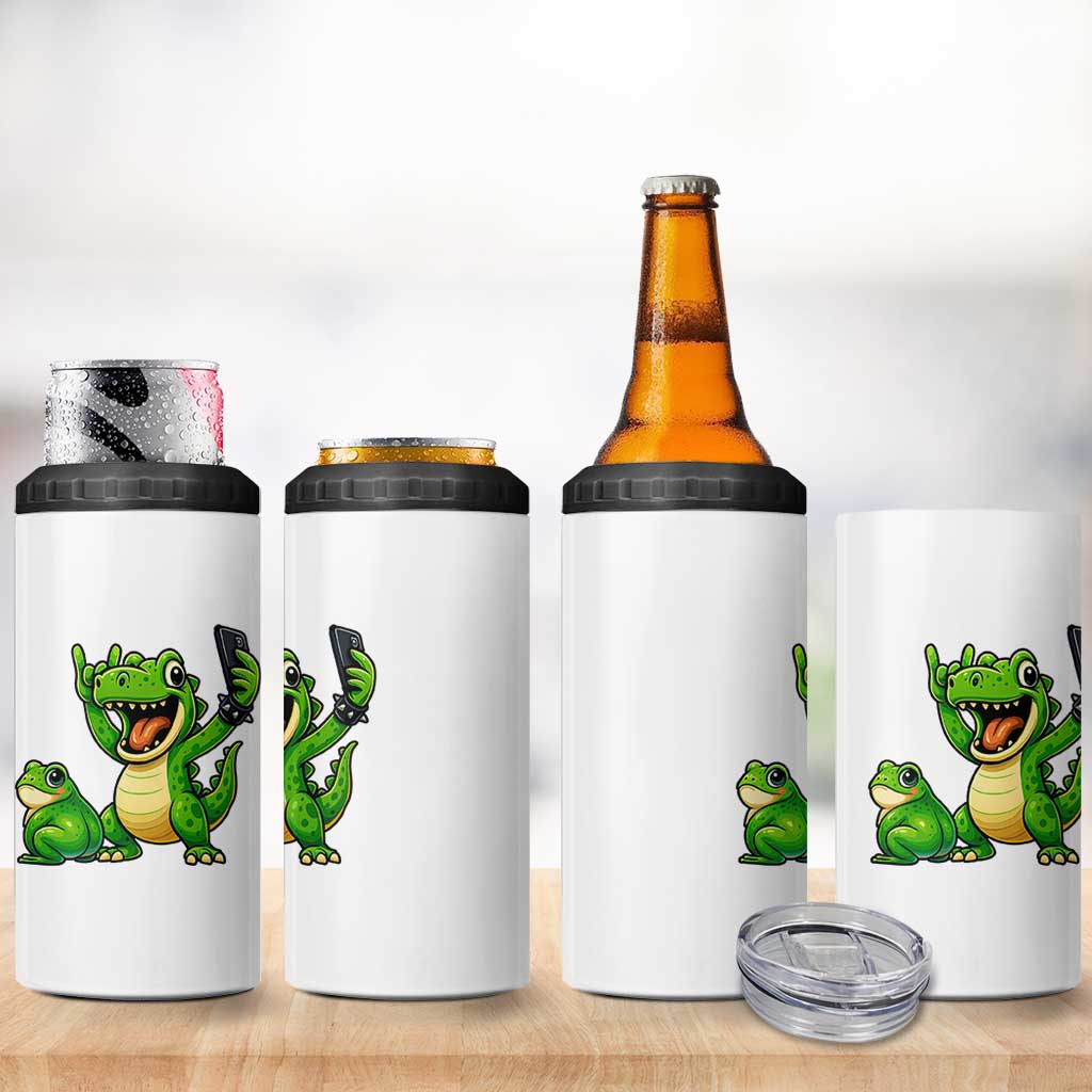 Funny Dinosaur Frog Selfie 4 in 1 Can Cooler Tumbler Rock On Hand