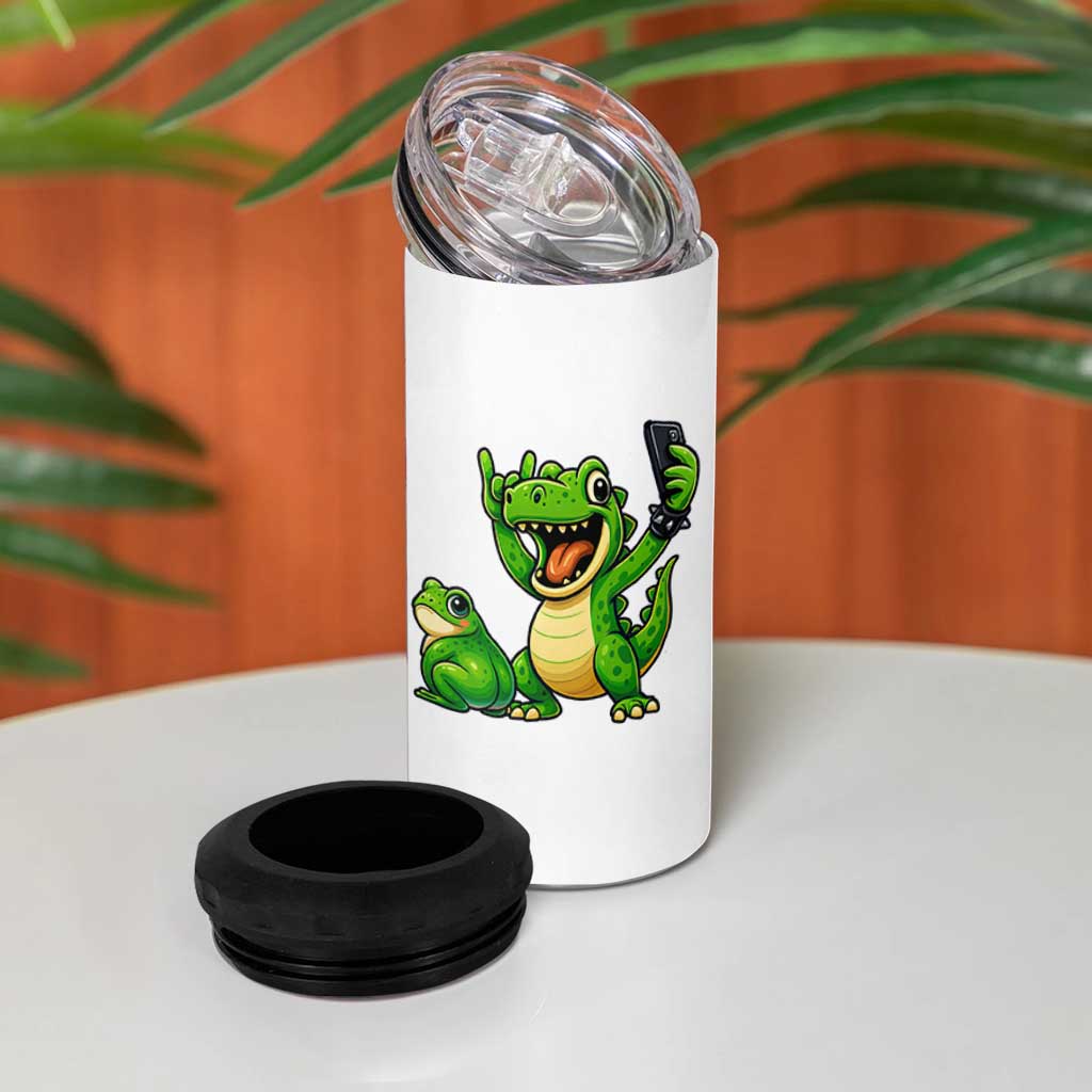 Funny Dinosaur Frog Selfie 4 in 1 Can Cooler Tumbler Rock On Hand