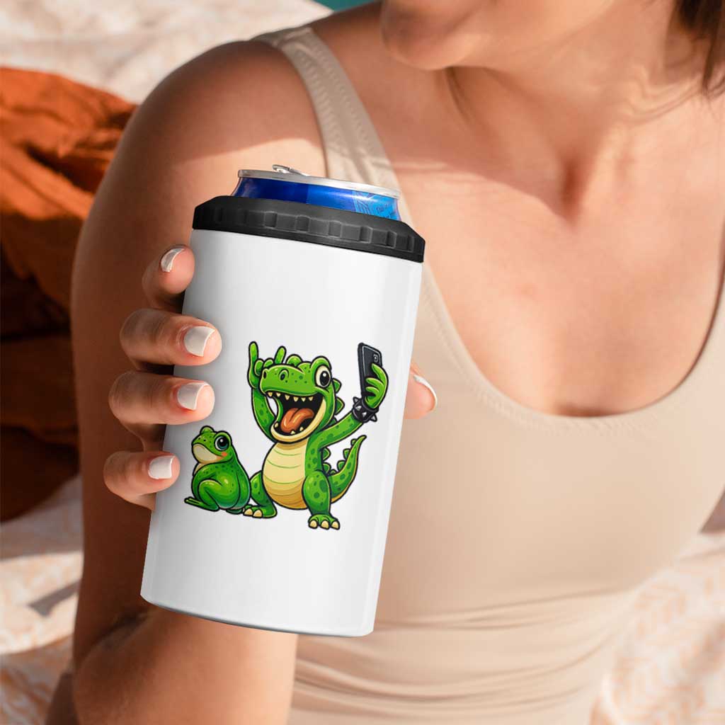 Funny Dinosaur Frog Selfie 4 in 1 Can Cooler Tumbler Rock On Hand