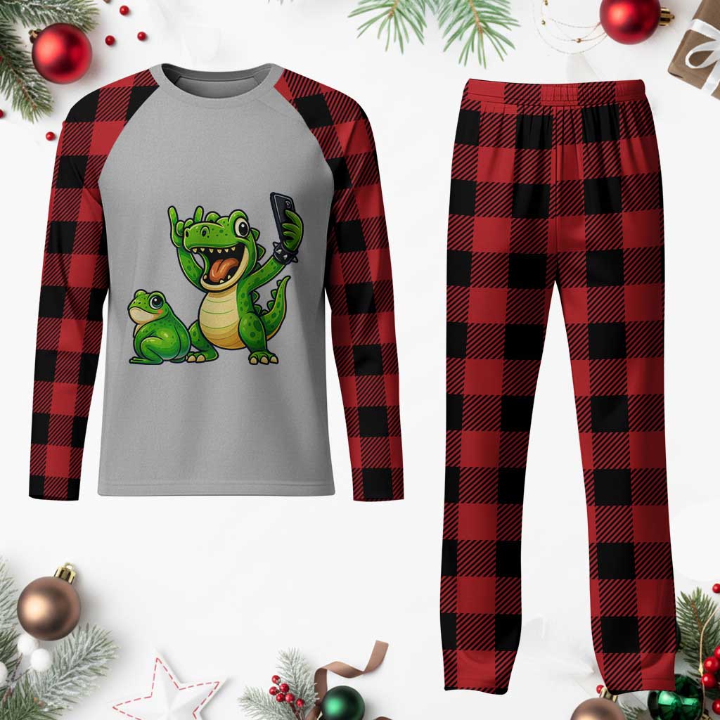 Funny Dinosaur Frog Selfie Plaid Pajama Set Rock On Hand - Wonder Print Shop