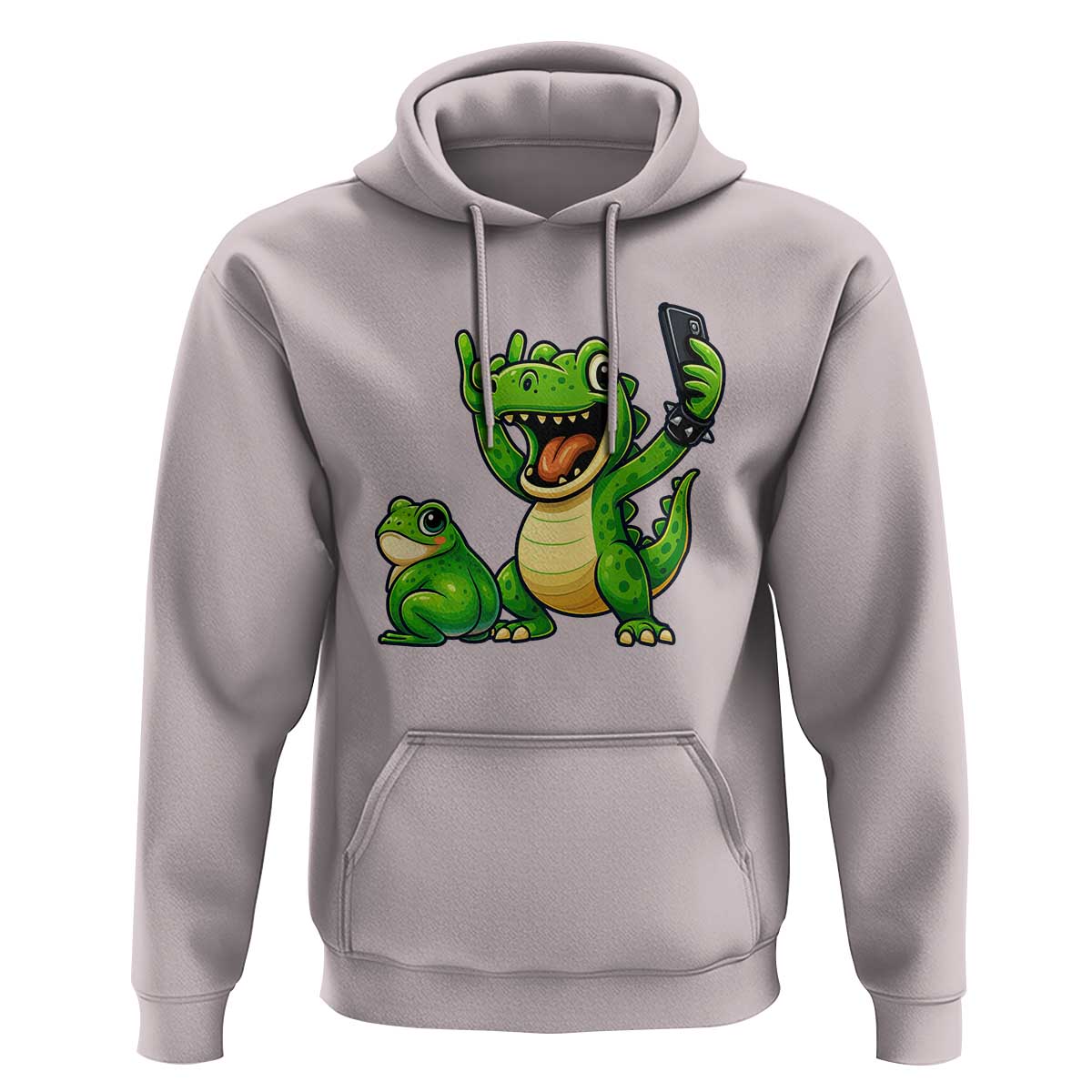 Funny Dinosaur Frog Selfie Hoodie Rock On Hand - Wonder Print Shop