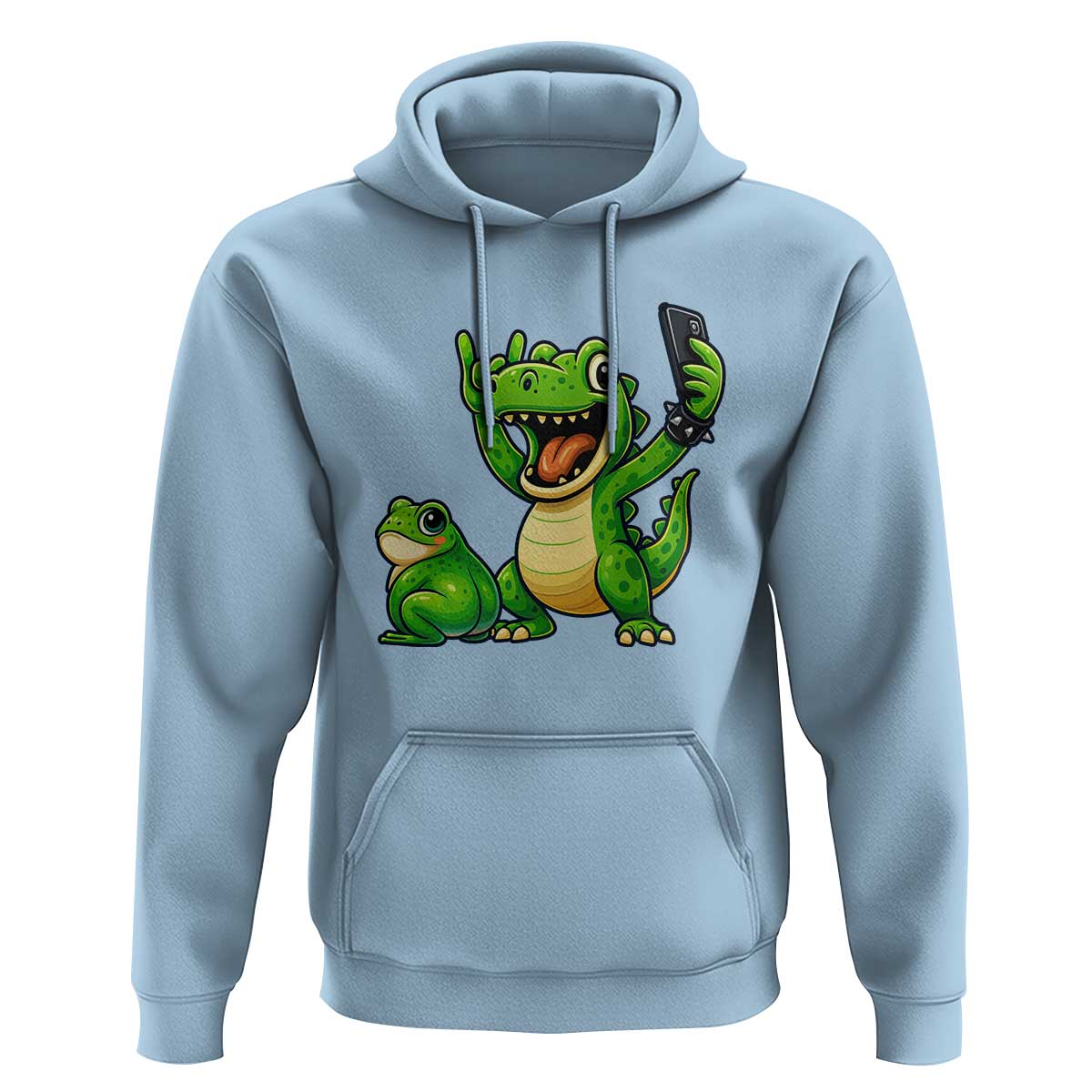 Funny Dinosaur Frog Selfie Hoodie Rock On Hand - Wonder Print Shop