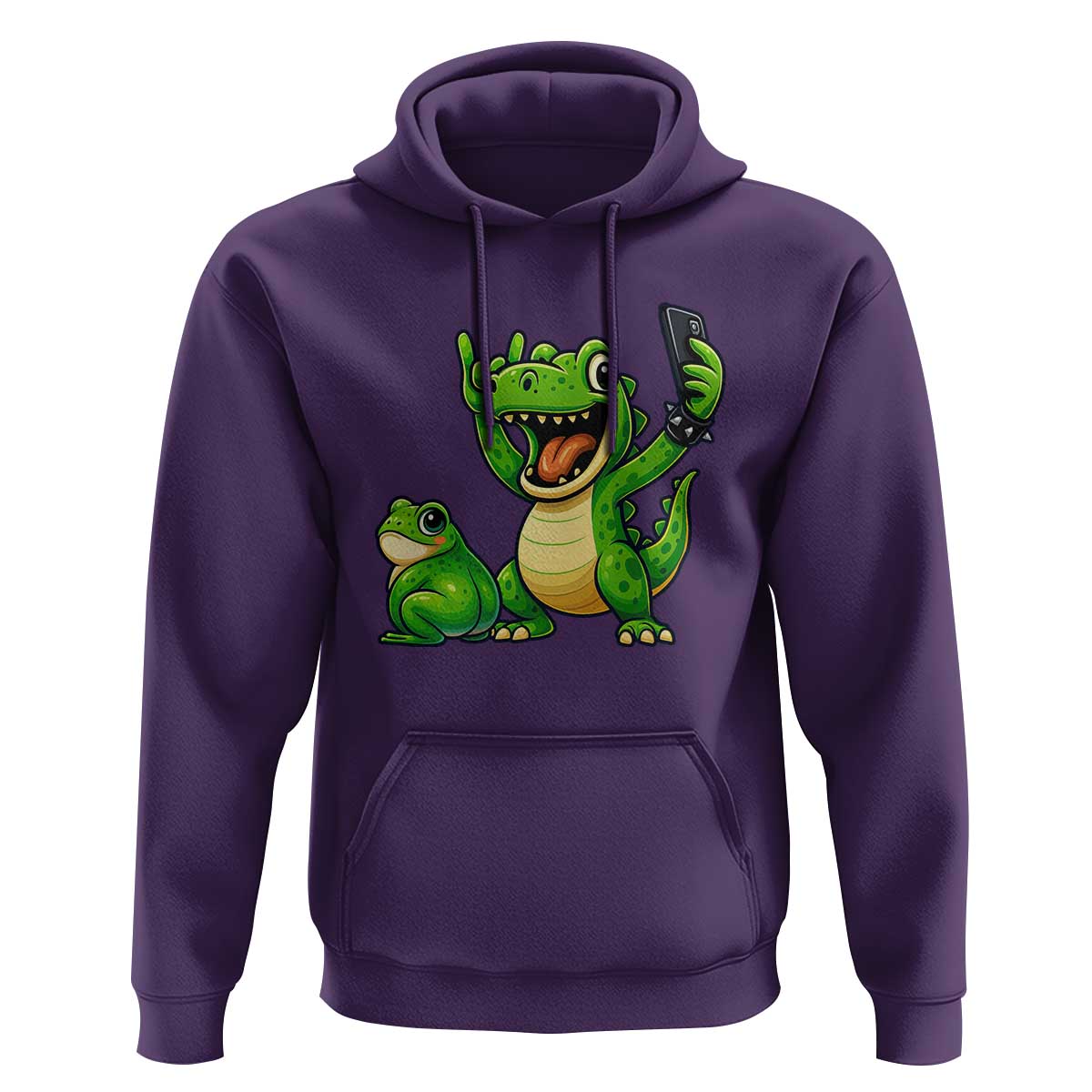 Funny Dinosaur Frog Selfie Hoodie Rock On Hand - Wonder Print Shop