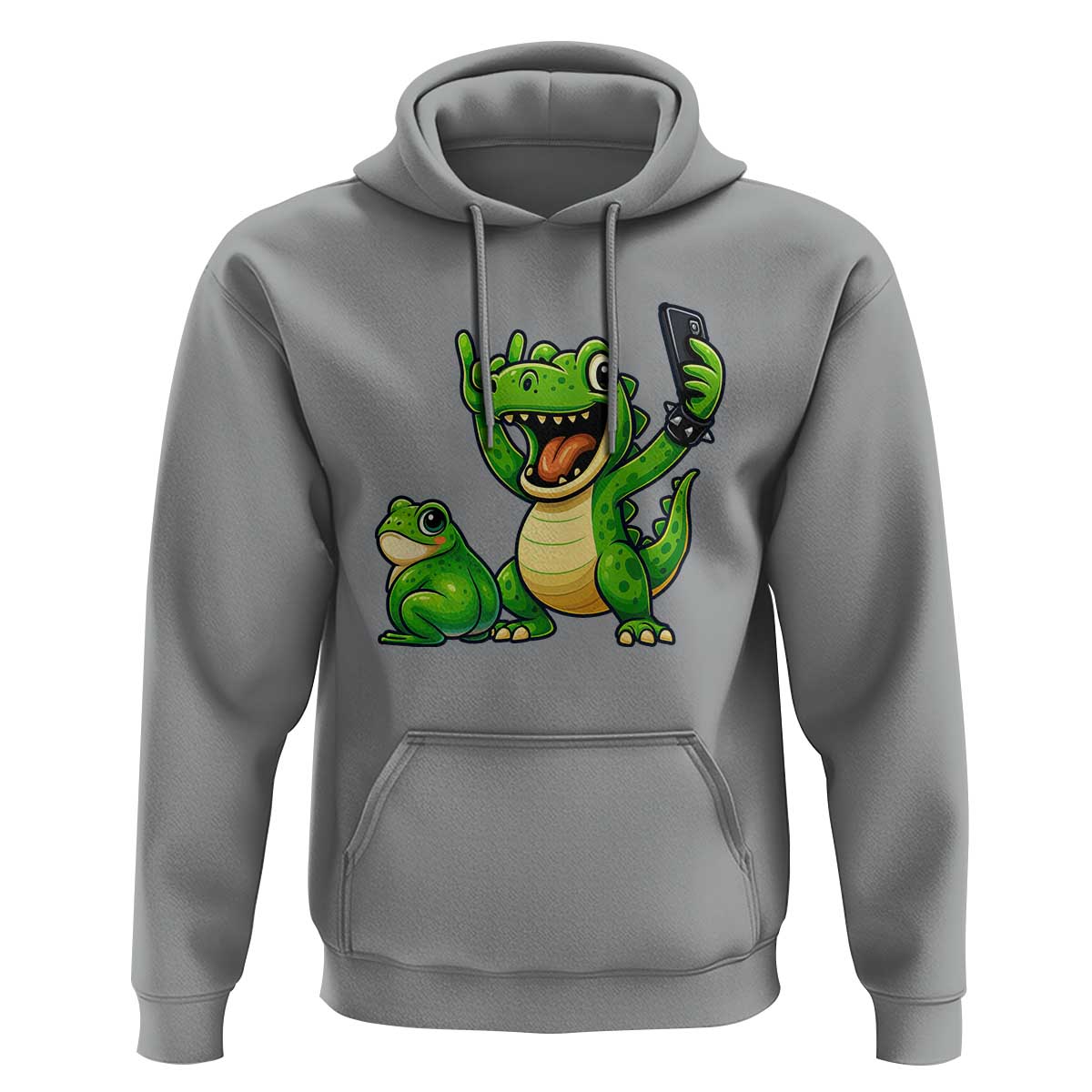 Funny Dinosaur Frog Selfie Hoodie Rock On Hand - Wonder Print Shop