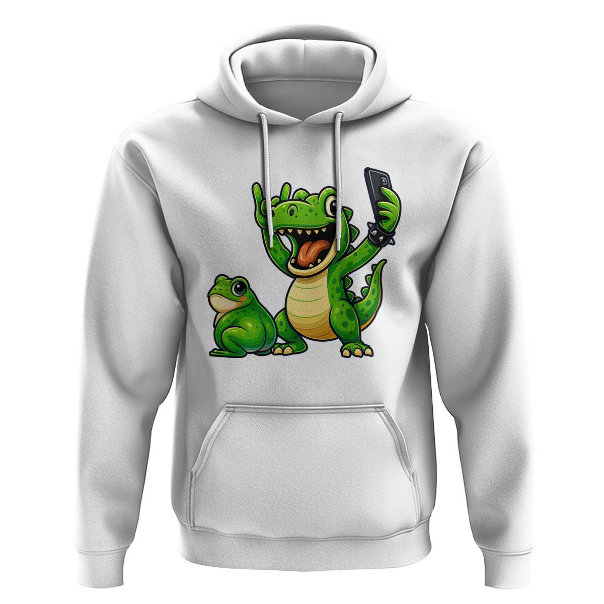 Funny Dinosaur Frog Selfie Hoodie Rock On Hand - Wonder Print Shop