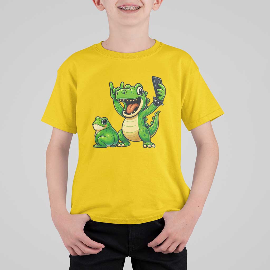 Funny Dinosaur Frog Selfie T Shirt For Kid Rock On Hand - Wonder Print Shop