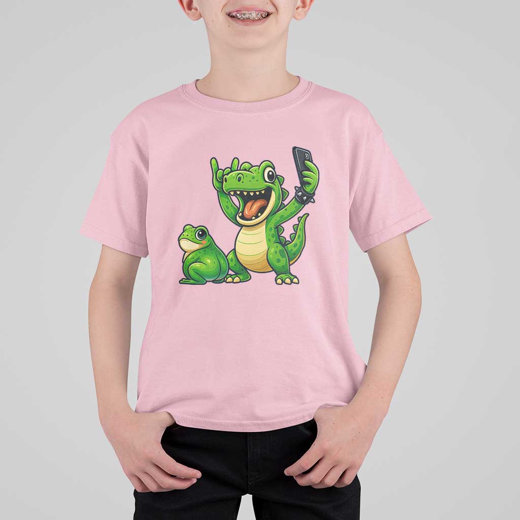 Funny Dinosaur Frog Selfie T Shirt For Kid Rock On Hand - Wonder Print Shop