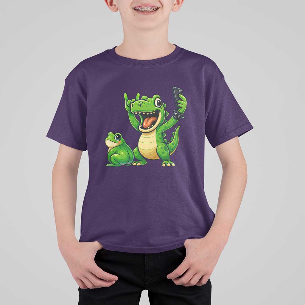 Funny Dinosaur Frog Selfie T Shirt For Kid Rock On Hand - Wonder Print Shop