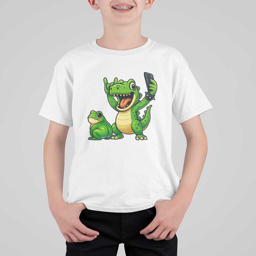 Funny Dinosaur Frog Selfie T Shirt For Kid Rock On Hand - Wonder Print Shop