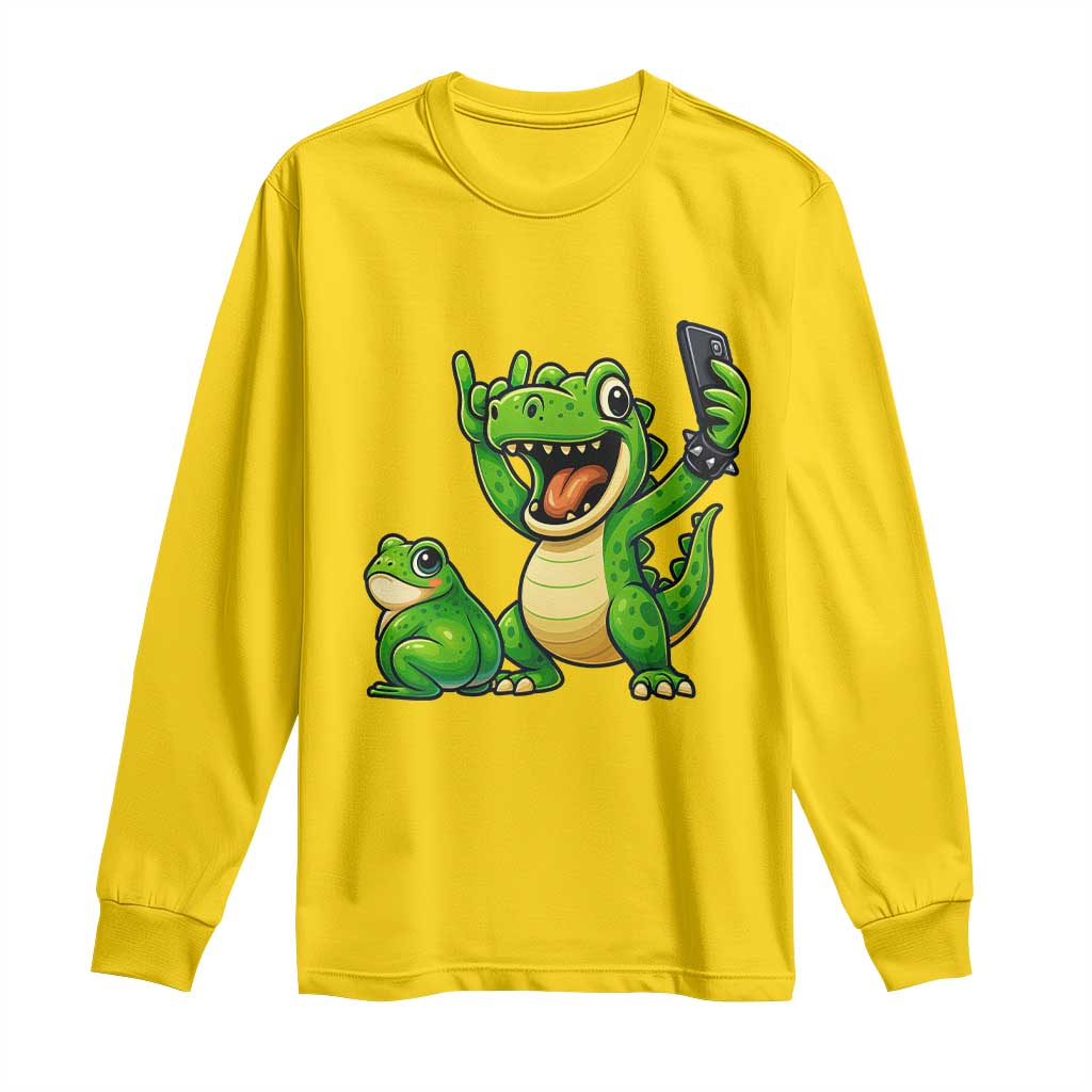 Funny Dinosaur Frog Selfie Long Sleeve Shirt Rock On Hand - Wonder Print Shop