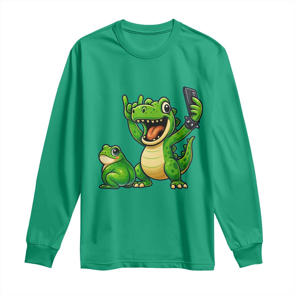 Funny Dinosaur Frog Selfie Long Sleeve Shirt Rock On Hand - Wonder Print Shop