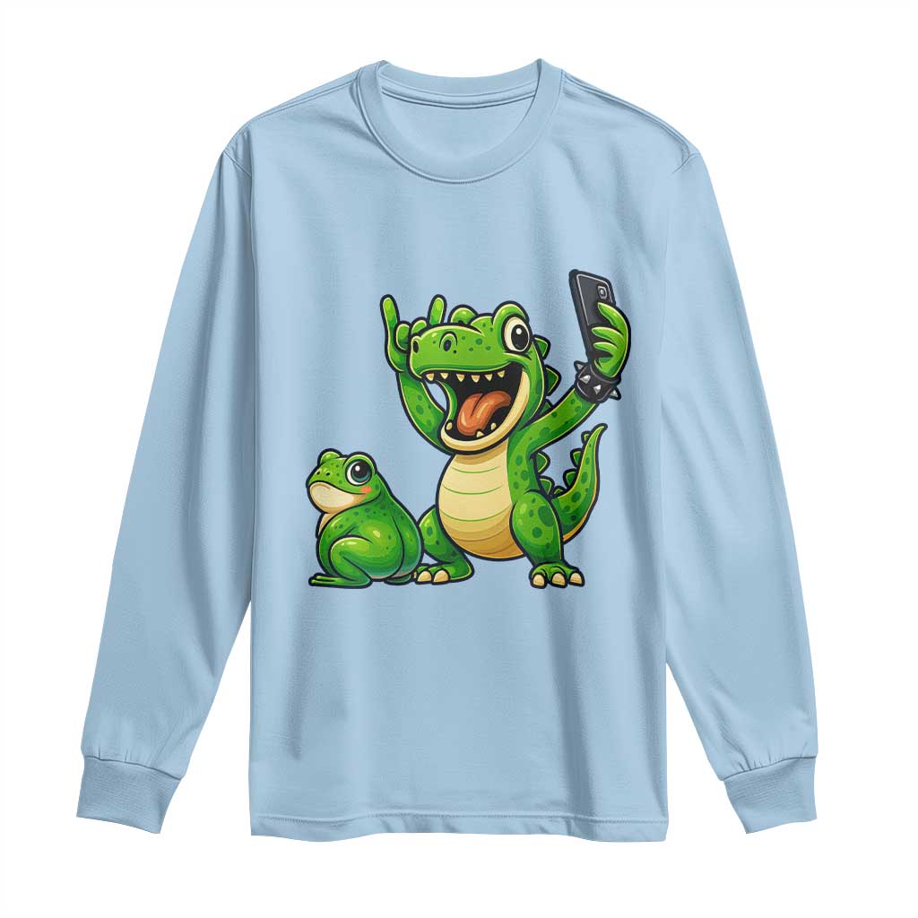 Funny Dinosaur Frog Selfie Long Sleeve Shirt Rock On Hand - Wonder Print Shop