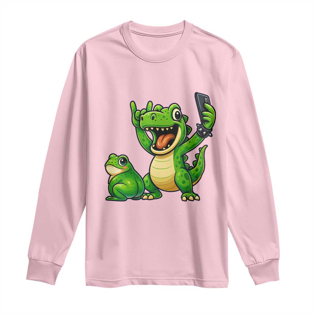 Funny Dinosaur Frog Selfie Long Sleeve Shirt Rock On Hand - Wonder Print Shop