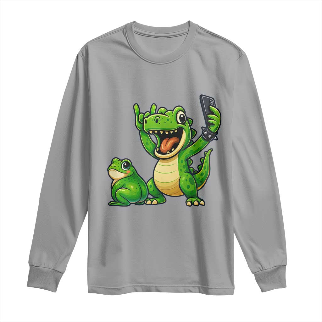 Funny Dinosaur Frog Selfie Long Sleeve Shirt Rock On Hand - Wonder Print Shop