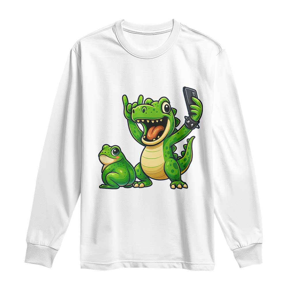 Funny Dinosaur Frog Selfie Long Sleeve Shirt Rock On Hand - Wonder Print Shop