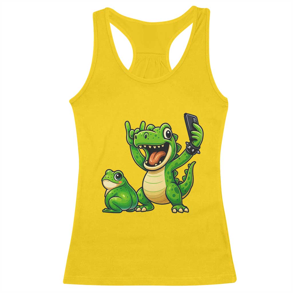 Funny Dinosaur Frog Selfie Racerback Tank Top Rock On Hand - Wonder Print Shop