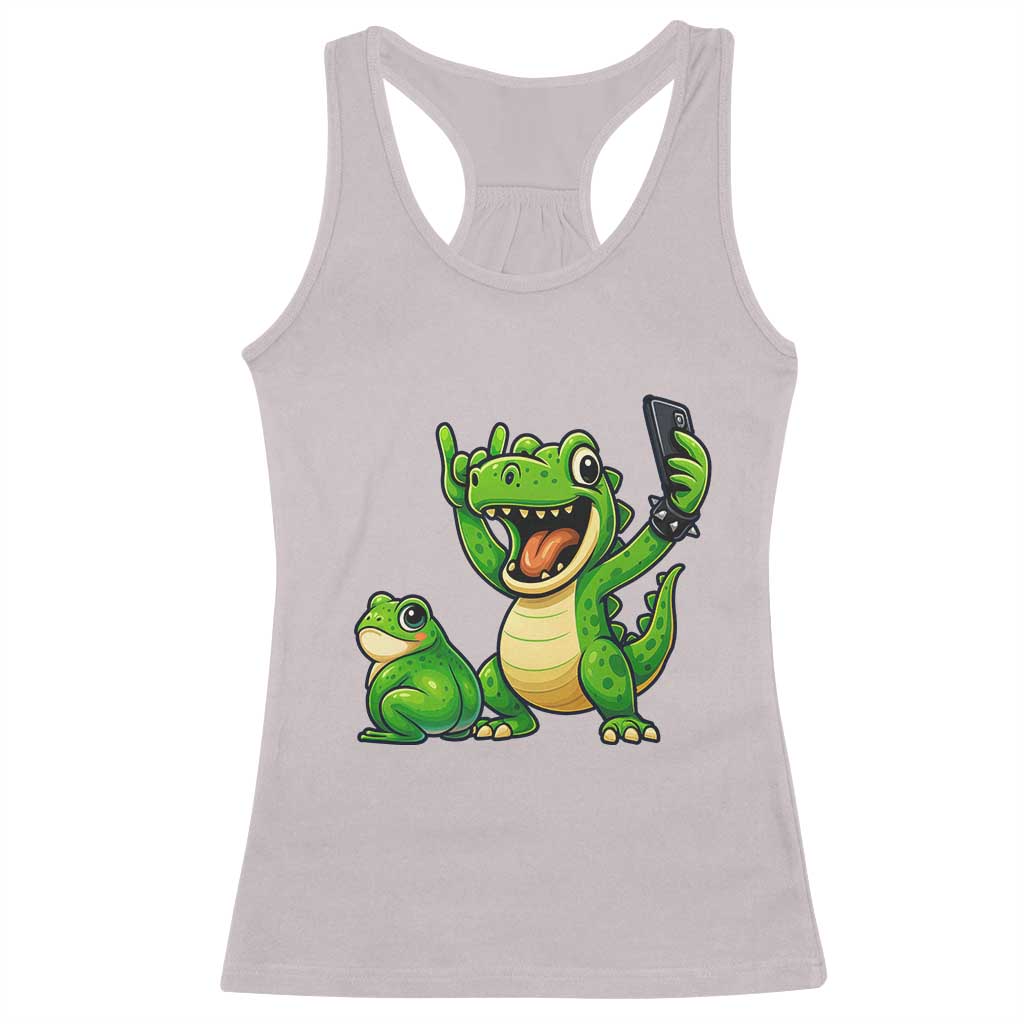 Funny Dinosaur Frog Selfie Racerback Tank Top Rock On Hand - Wonder Print Shop
