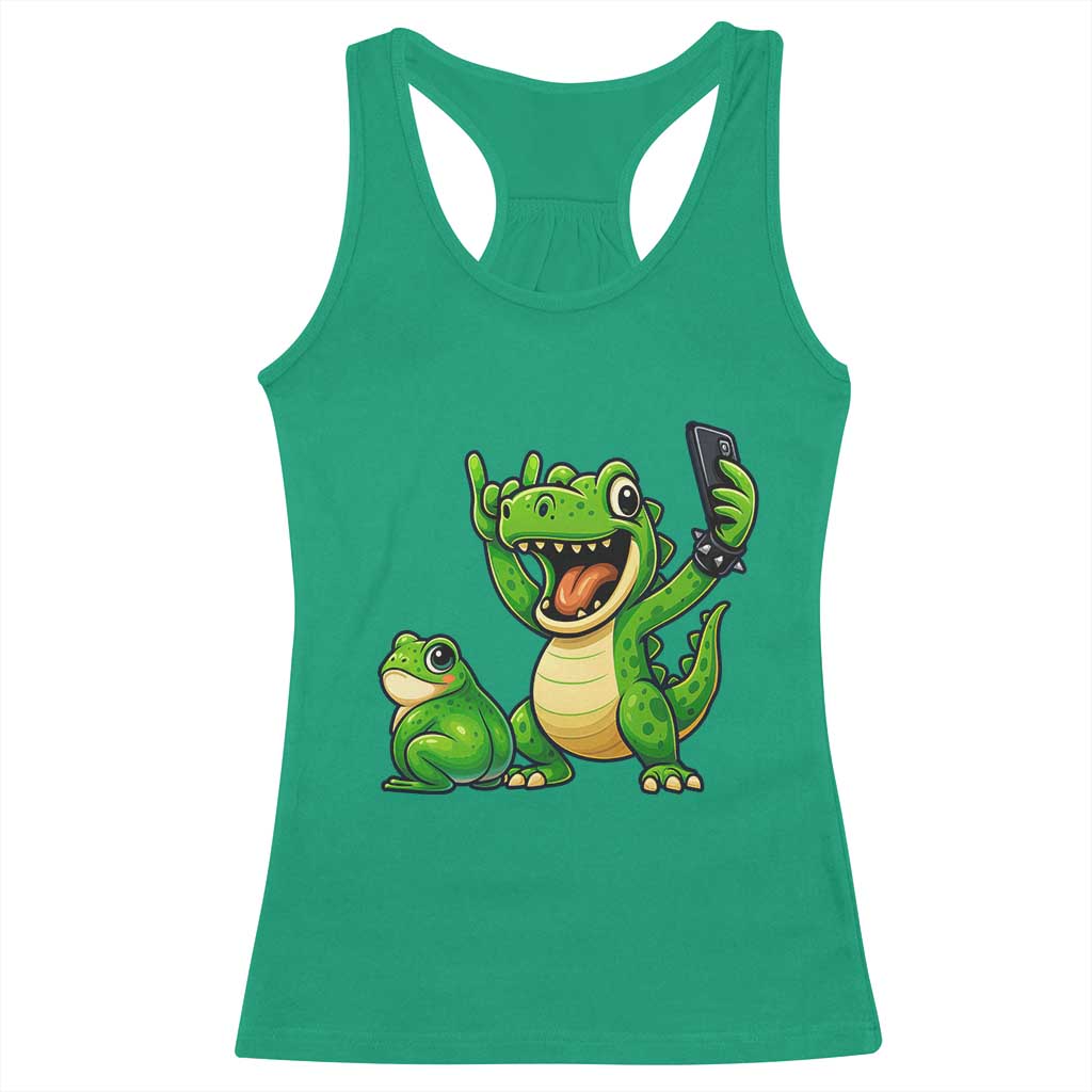 Funny Dinosaur Frog Selfie Racerback Tank Top Rock On Hand - Wonder Print Shop