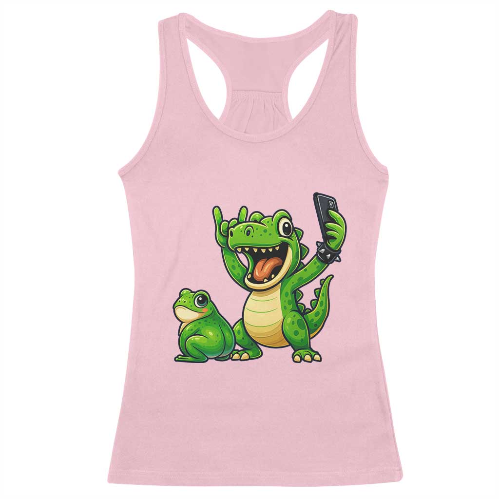Funny Dinosaur Frog Selfie Racerback Tank Top Rock On Hand - Wonder Print Shop