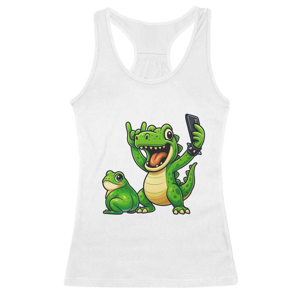 Funny Dinosaur Frog Selfie Racerback Tank Top Rock On Hand - Wonder Print Shop