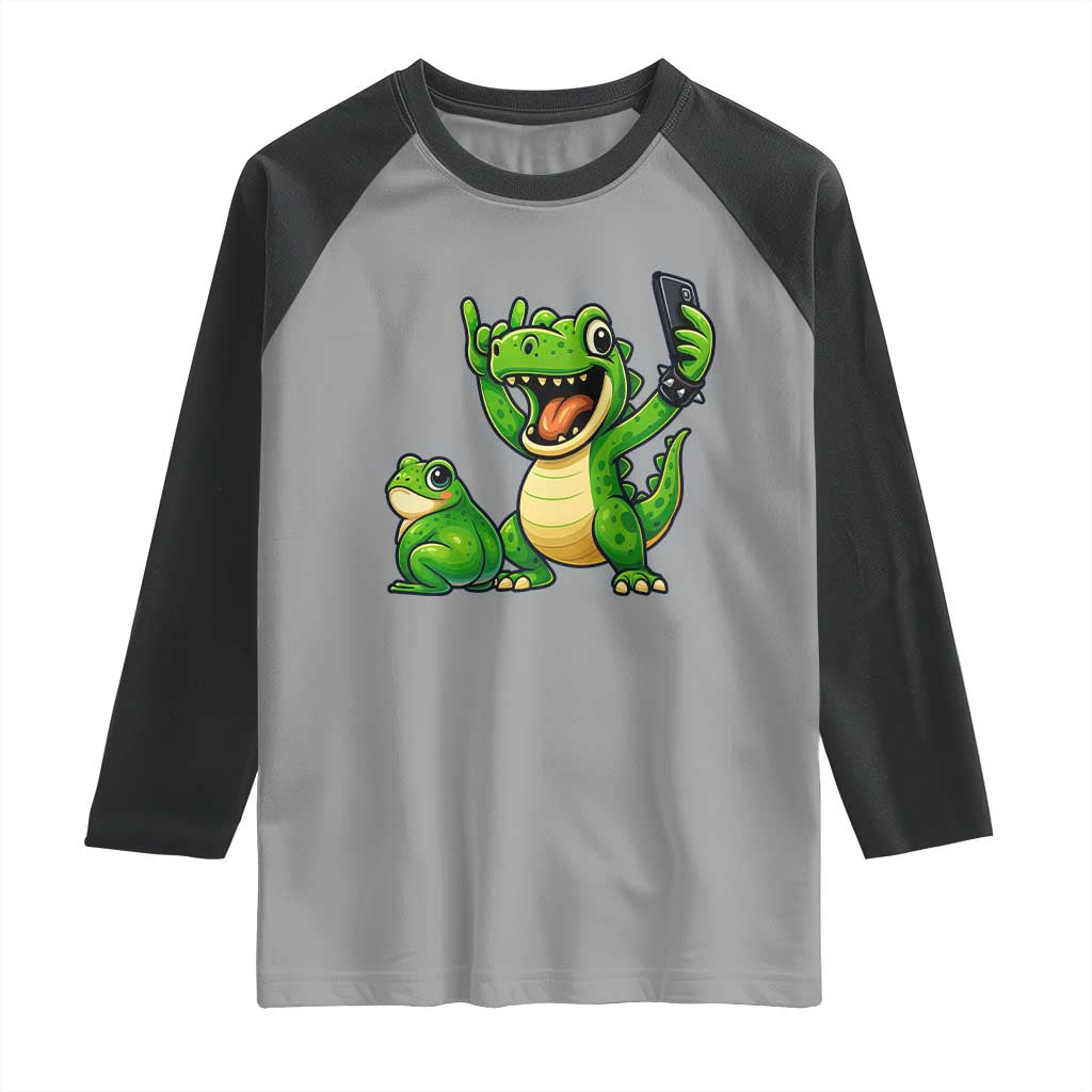 Funny Dinosaur Frog Selfie Raglan Shirt Rock On Hand - Wonder Print Shop