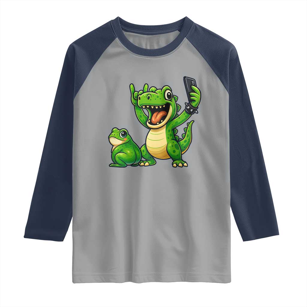 Funny Dinosaur Frog Selfie Raglan Shirt Rock On Hand - Wonder Print Shop