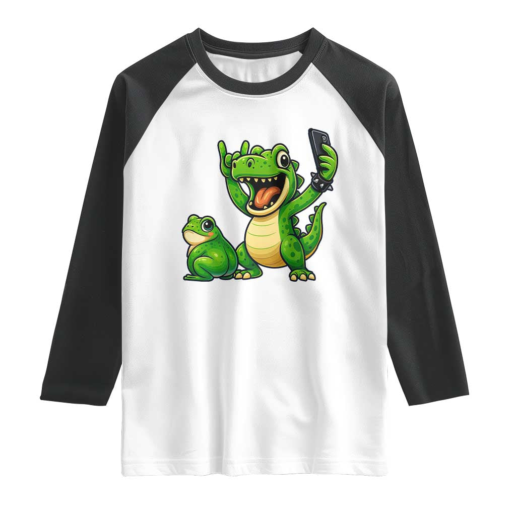 Funny Dinosaur Frog Selfie Raglan Shirt Rock On Hand - Wonder Print Shop