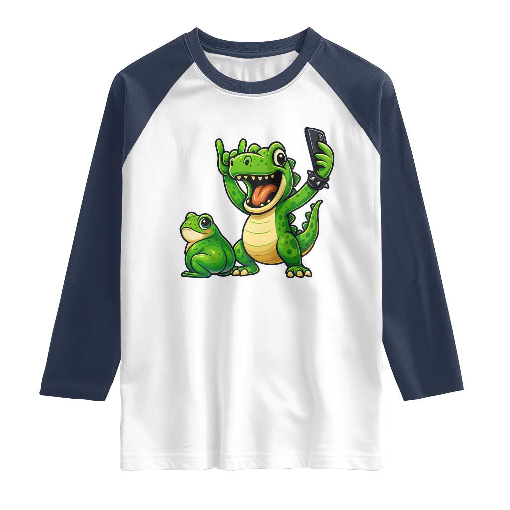 Funny Dinosaur Frog Selfie Raglan Shirt Rock On Hand - Wonder Print Shop