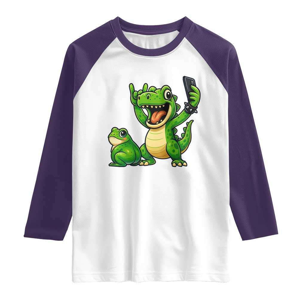 Funny Dinosaur Frog Selfie Raglan Shirt Rock On Hand - Wonder Print Shop