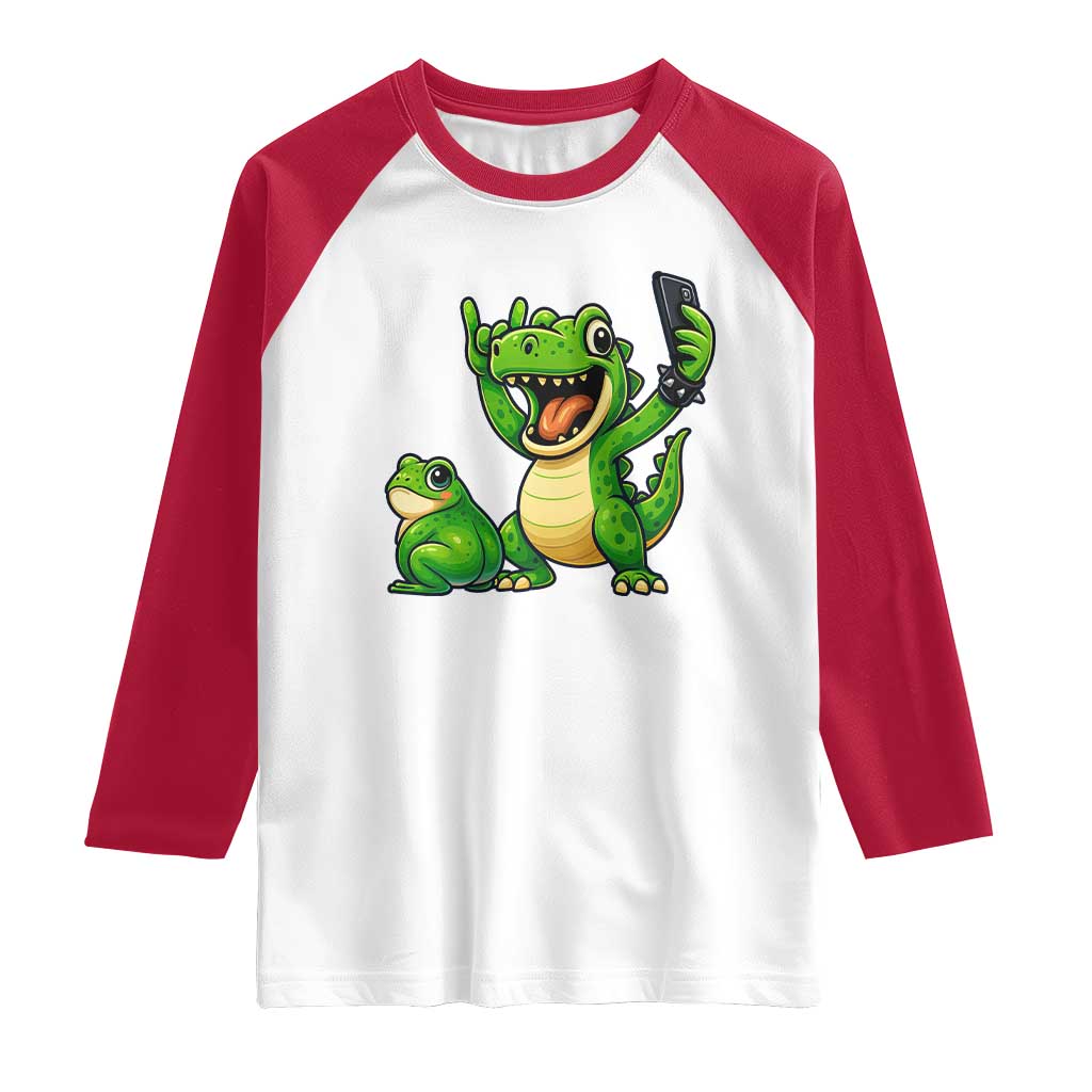 Funny Dinosaur Frog Selfie Raglan Shirt Rock On Hand - Wonder Print Shop